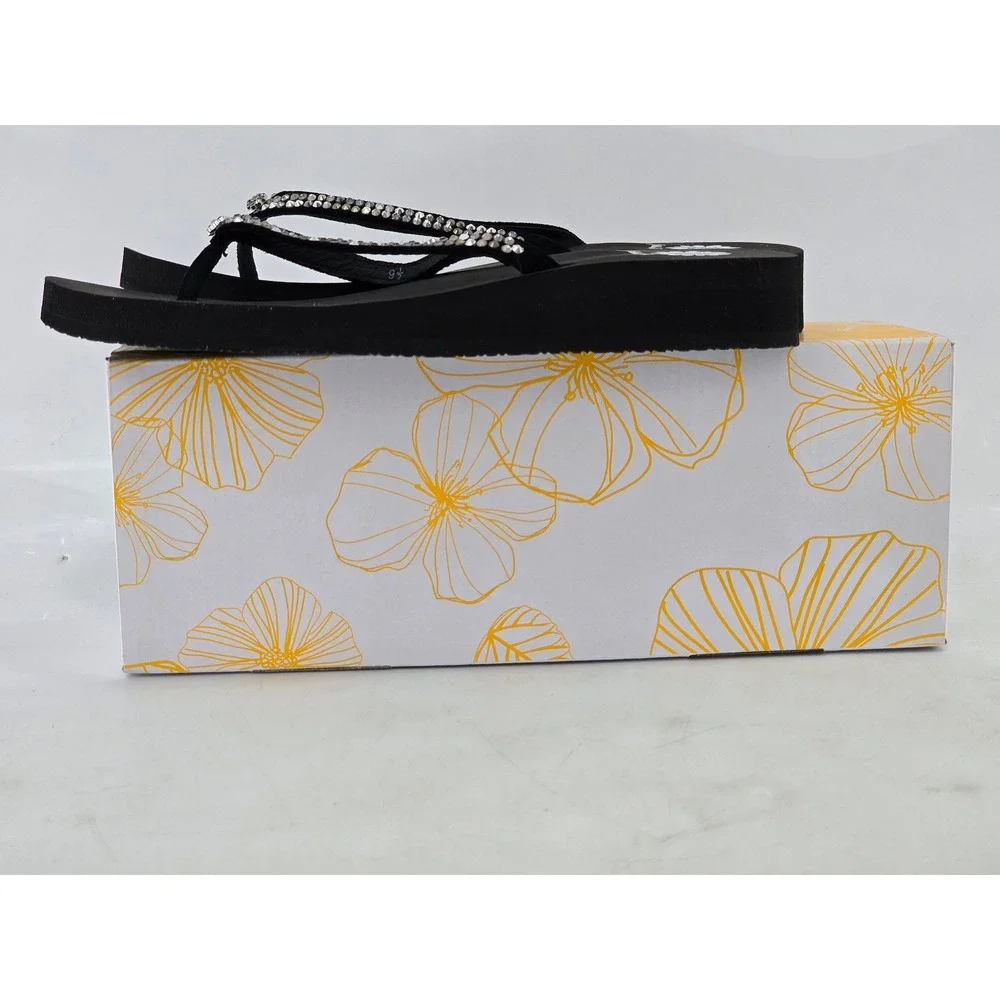 Yellow Box Jello Sandals Womens 9.5 Black Pewter Rhinestone Wedge - Excellent